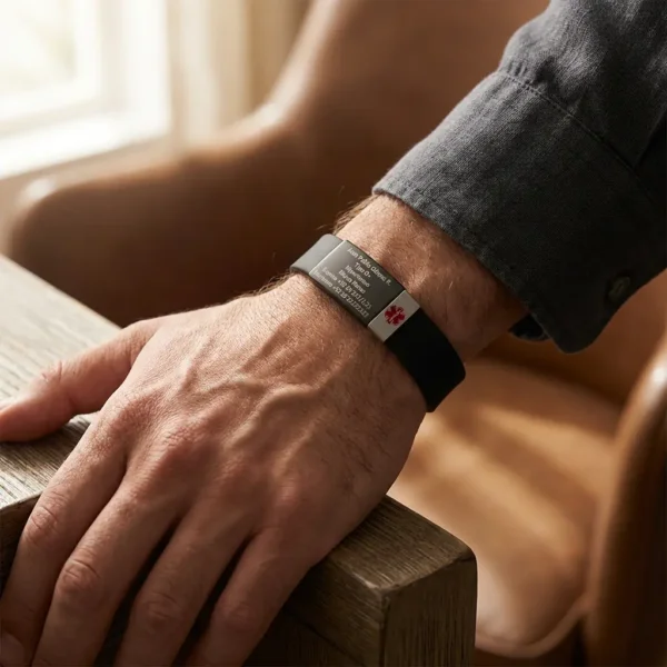 Placa metálica negra personalizada en brazalete